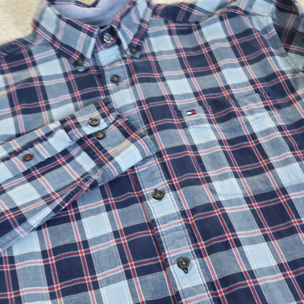 Tommy Hilfiger Button Down Shirt Men's Medium Blue Plaid Classic Fit Stretch